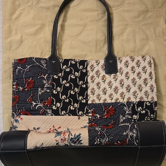 Tory Burch Ella Navy, Cream and Red Patchwork Floral Large Tote - Picture 3 of 8